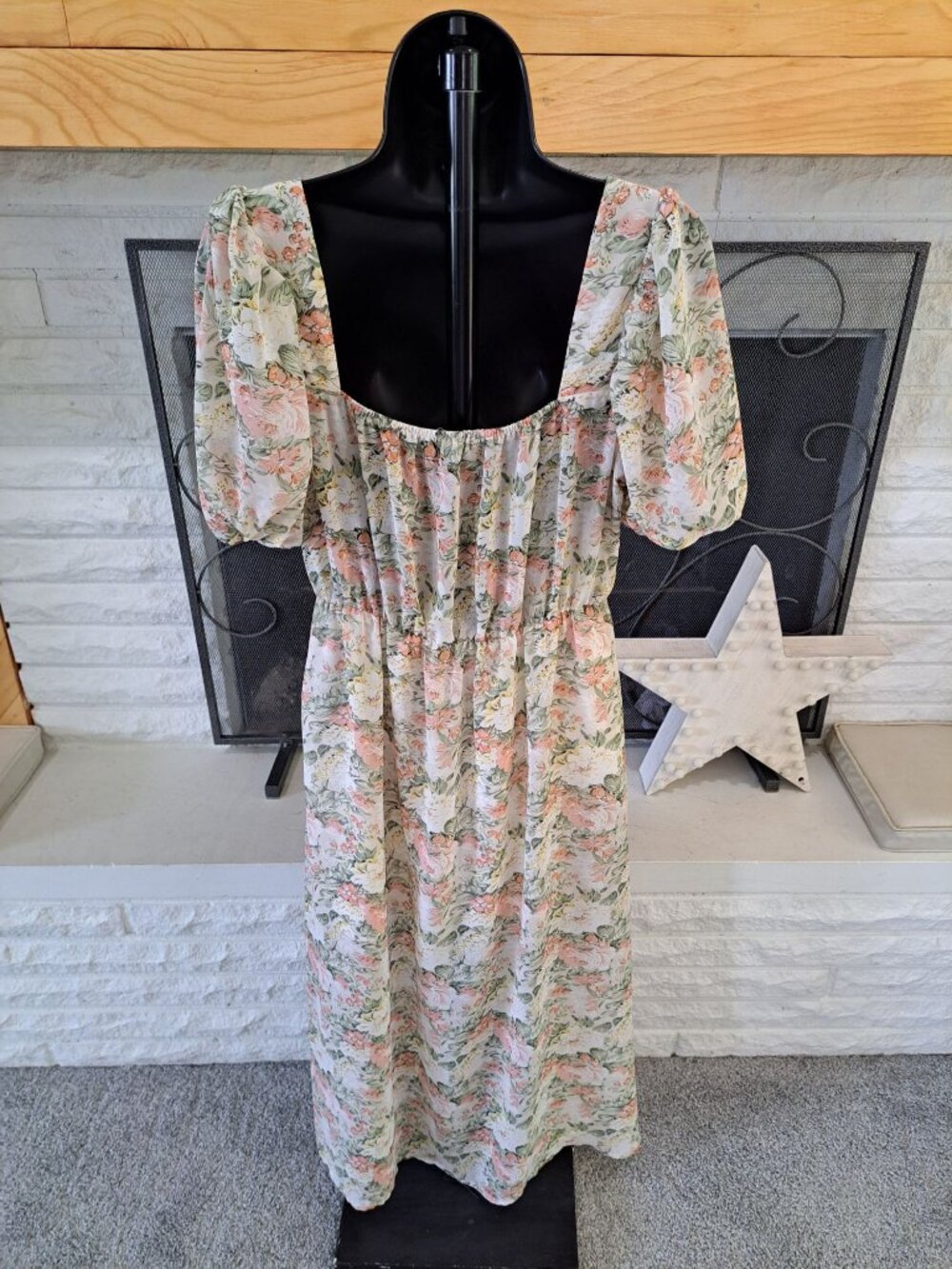 Sunday Up Floral Puff Sleeve Dress Lace-Up Front & Elastic Back Midi Milkmaid M - Picture 6 of 11